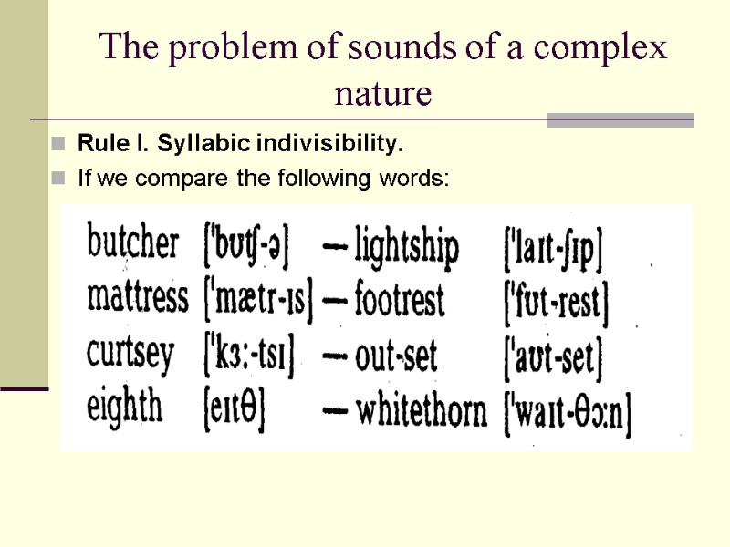 The problem of sounds of a complex nature Rule I. Syllabic indivisibility.  If